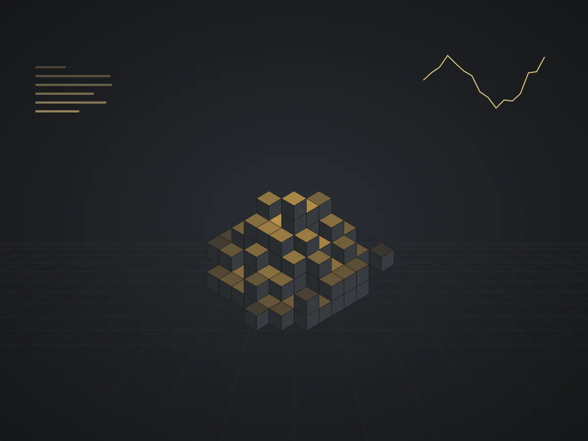 Isometric illustration of a 3D geological block model with high-grade blocks shaded gold