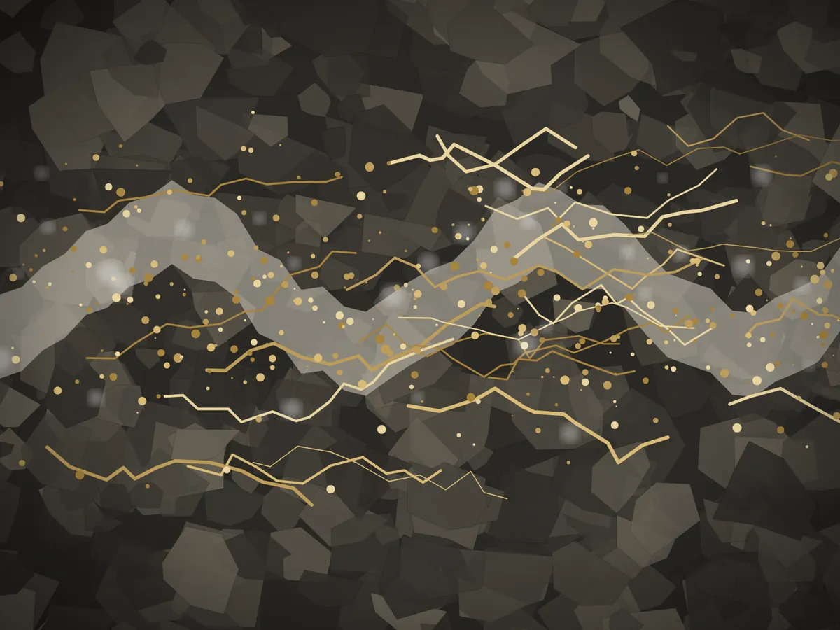 Illustration of gold veins and flecks running through quartz host rock