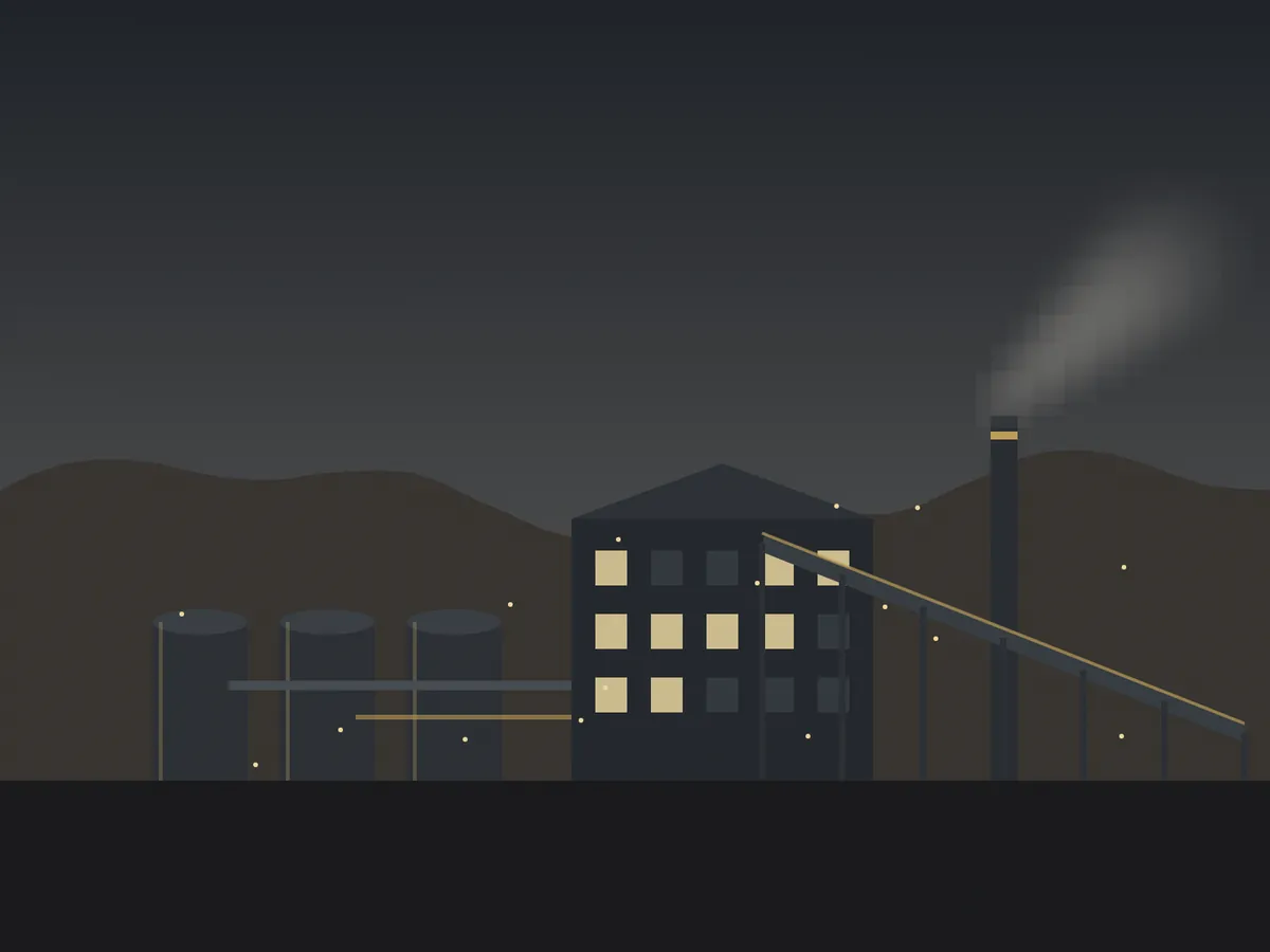 Illustration of a mineral processing plant with tanks, conveyor and mill building