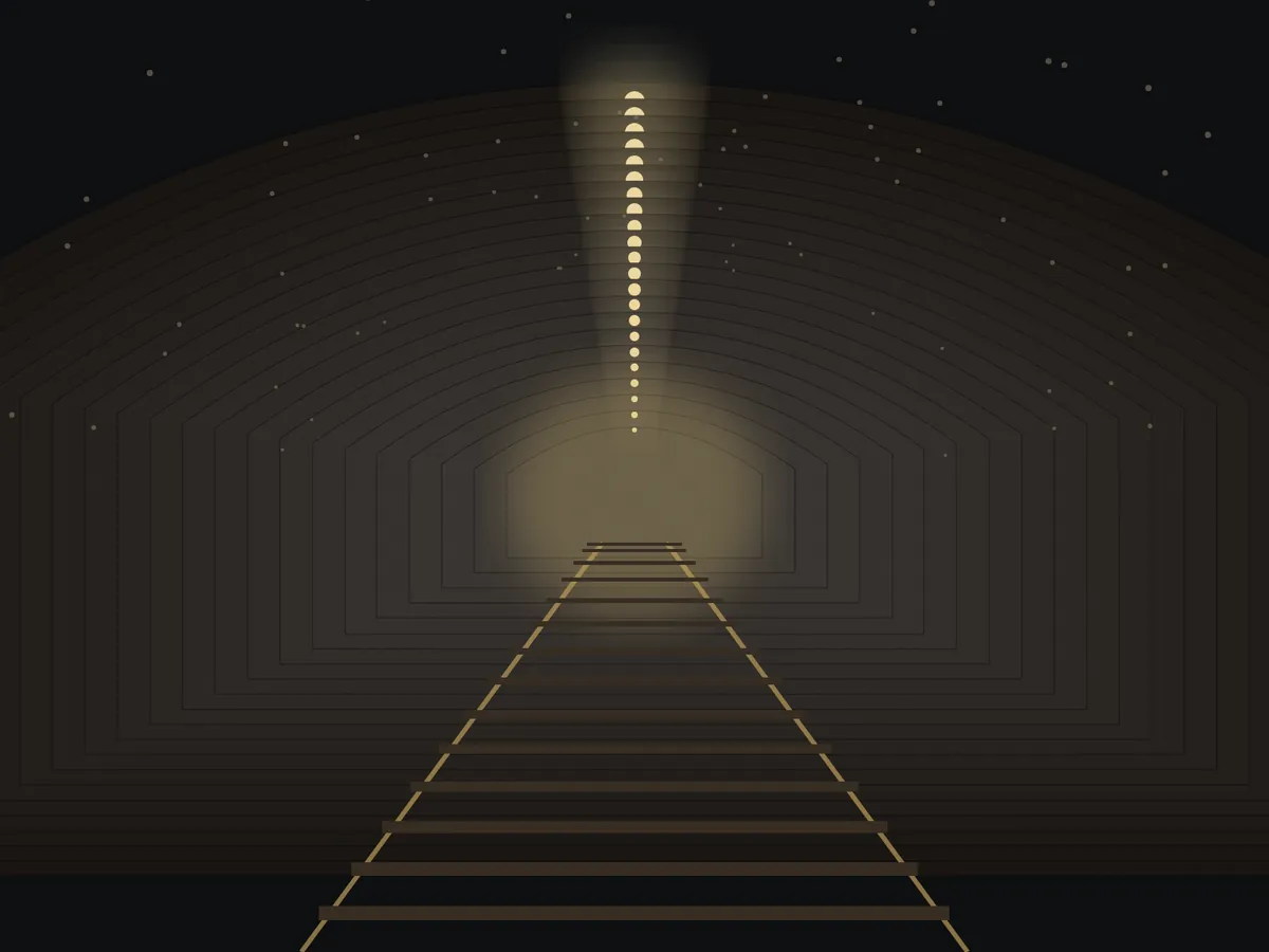 Illustration of an underground mine drive lit by a line of ceiling lights
